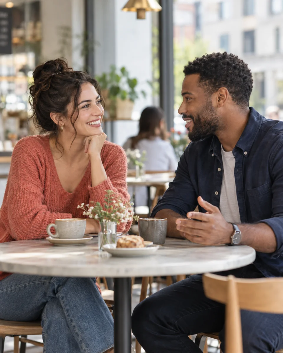 Two adults talking over coffee